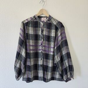 Carol Horn’s Habitat VTG  Plaid Wool‎ Blend Blouse in Large Lurex Metalic Thread